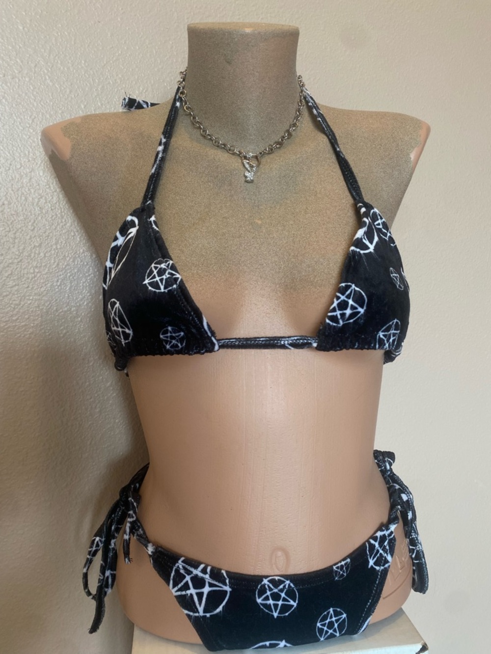 The Grave Girls Velour Black & White Pentacle String Tie Bikini Set